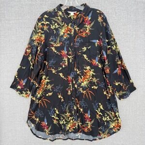 Khakis & Co Floral Button Down Shirt Women XL Black Tropical Rayon Flowy Boho